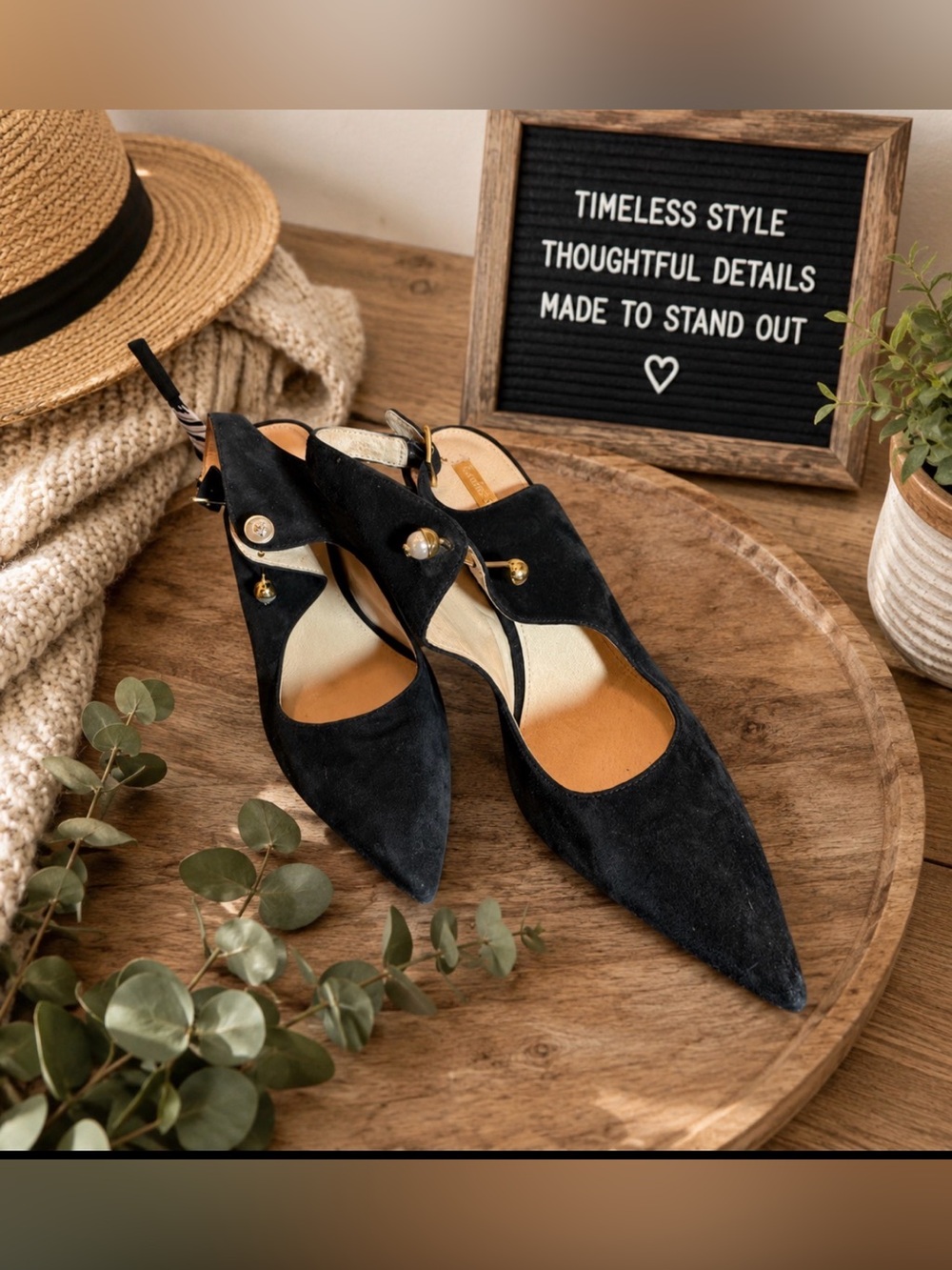 Louise Et Cie size 10 black suede sling back pumps with pearl details